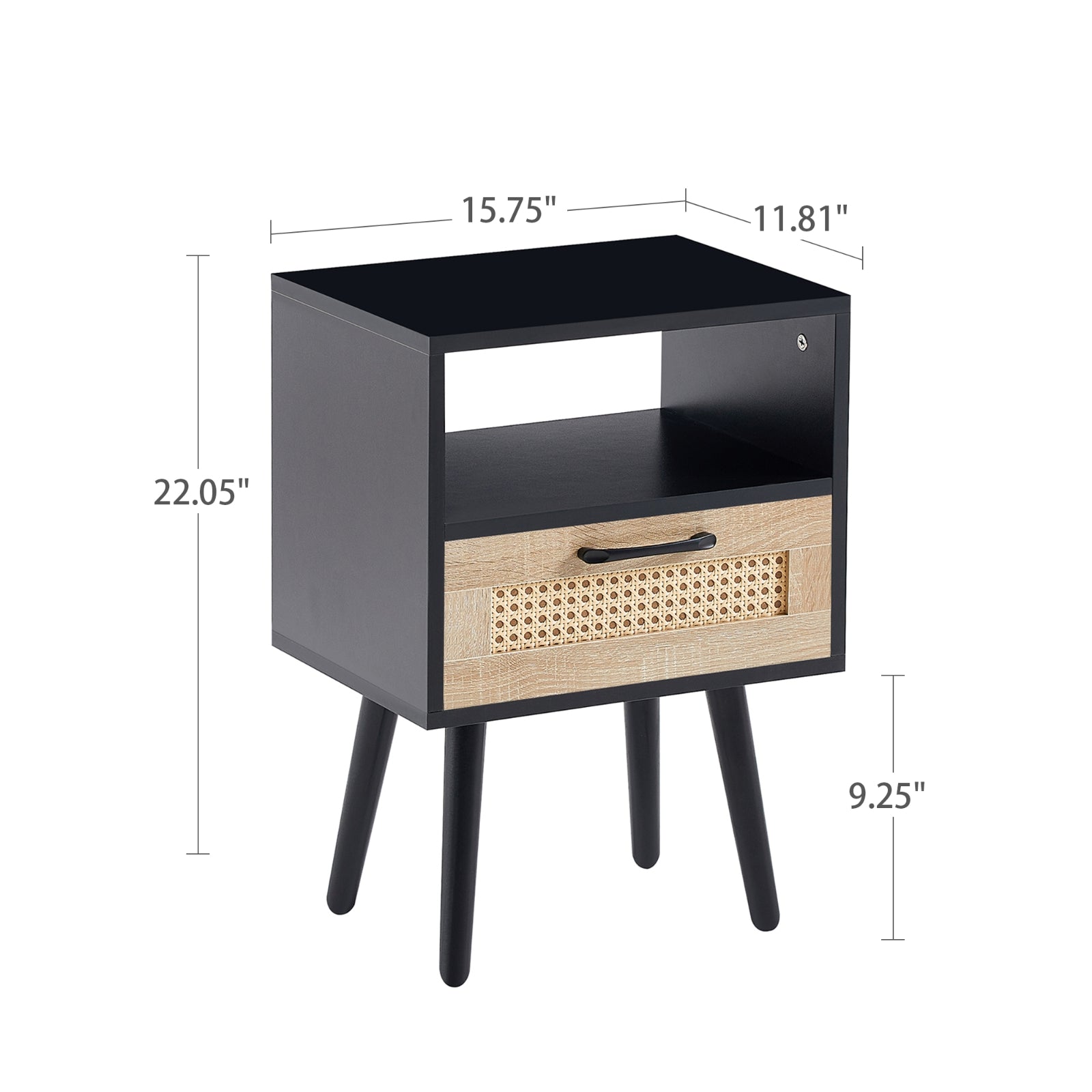 Rattan End Table 15.75" with Drawer & Solid Wood Legs – Modern Nightstand