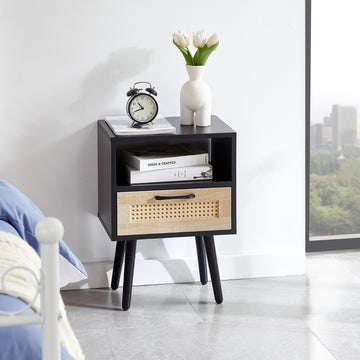 Rattan End Table 15.75" with Drawer & Solid Wood Legs – Modern Nightstand