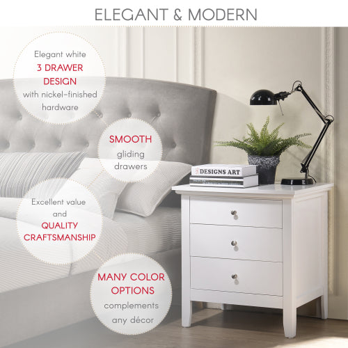 Elegant White Casual Nightstand with 3 Drawers – Modern Storage Table for Bedroom