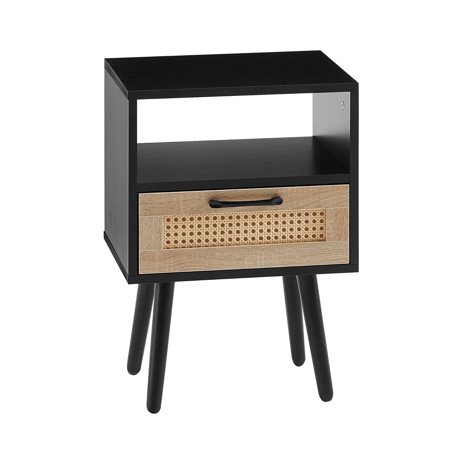 Rattan End Table 15.75" with Drawer & Solid Wood Legs – Modern Nightstand