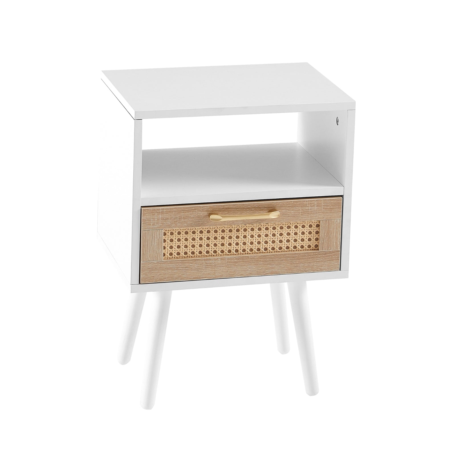 15.75" Rattan End Table with Drawer & Solid Wood Legs – Modern Nightstand