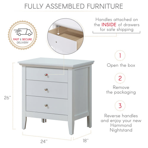Elegant White Casual Nightstand with 3 Drawers – Modern Storage Table for Bedroom
