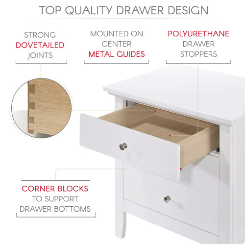 Elegant White Casual Nightstand with 3 Drawers – Modern Storage Table for Bedroom