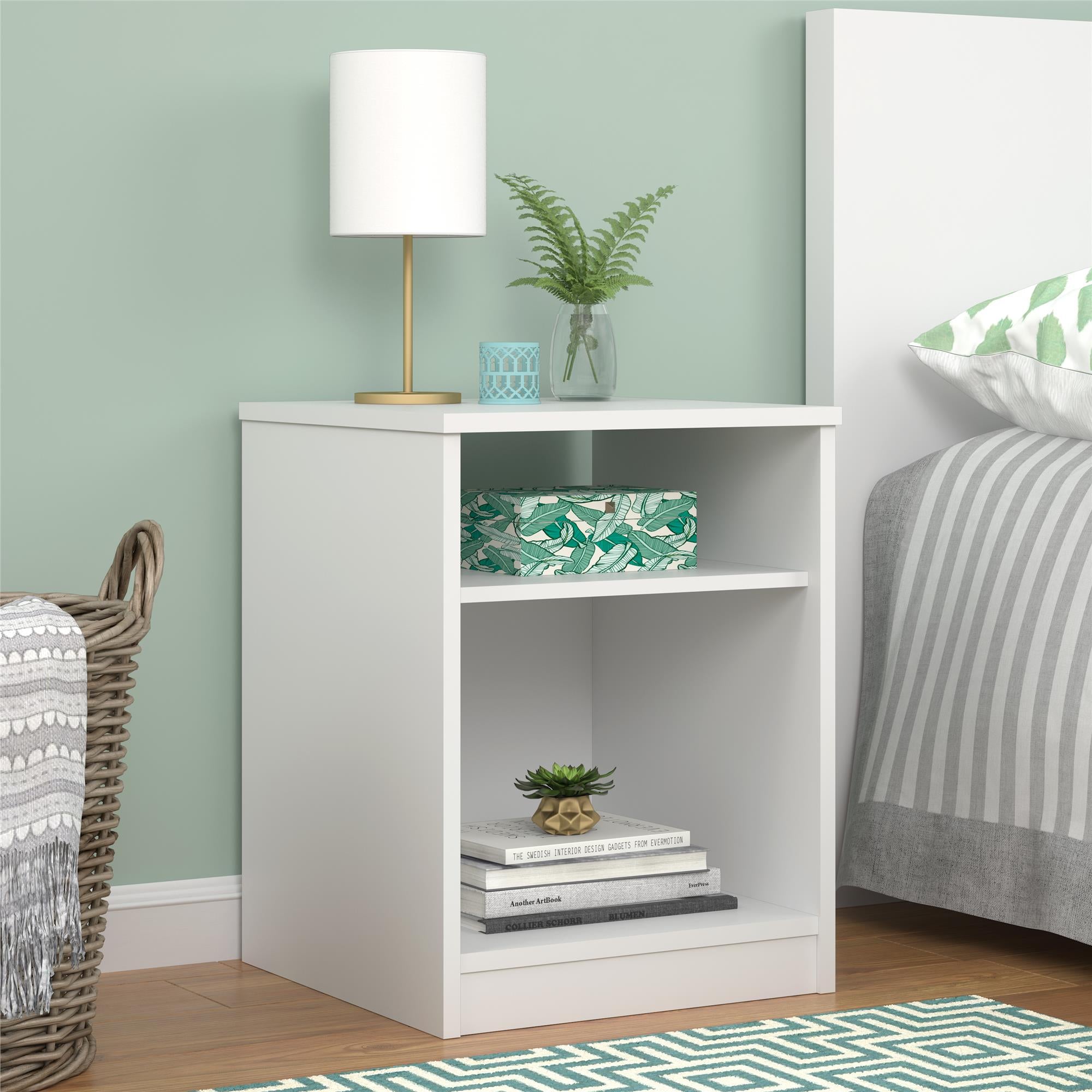 Classic White Nightstand with Open Shelf & Cubby Storage