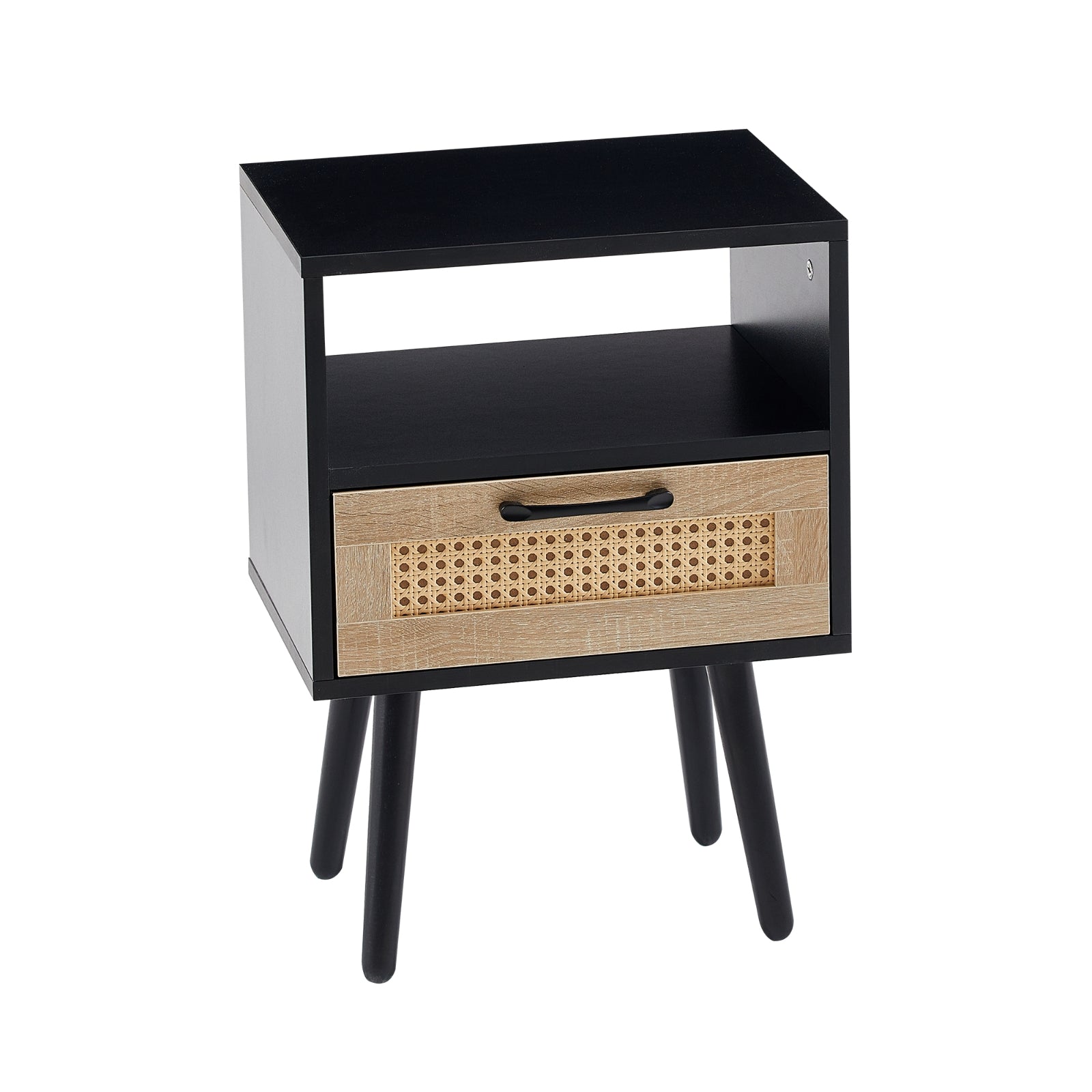 Rattan End Table 15.75" with Drawer & Solid Wood Legs – Modern Nightstand