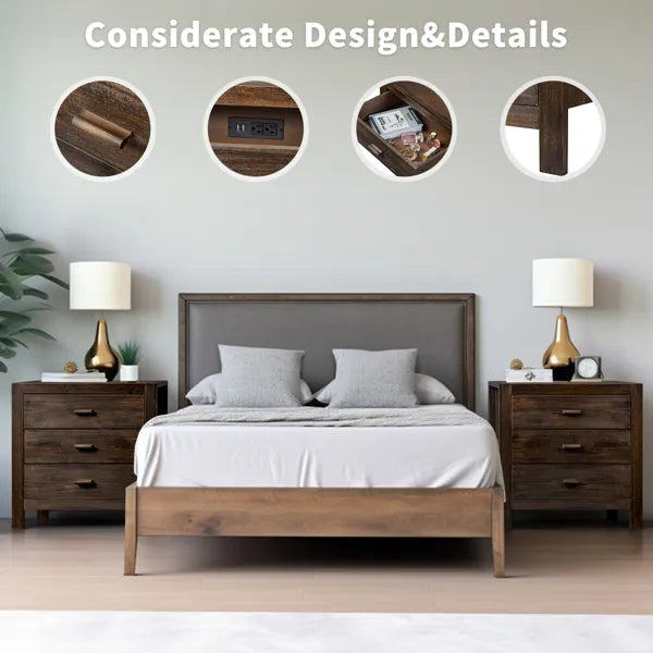 Wood Nightstand End Side Table with 3 Drawers – Rustic Storage for Bedroom & Living Room – HomelyTimber