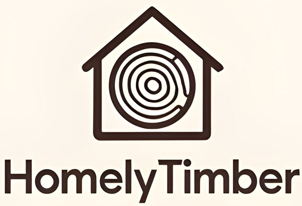 Logo of Homely Timber with a house and wooden texture design on a beige background