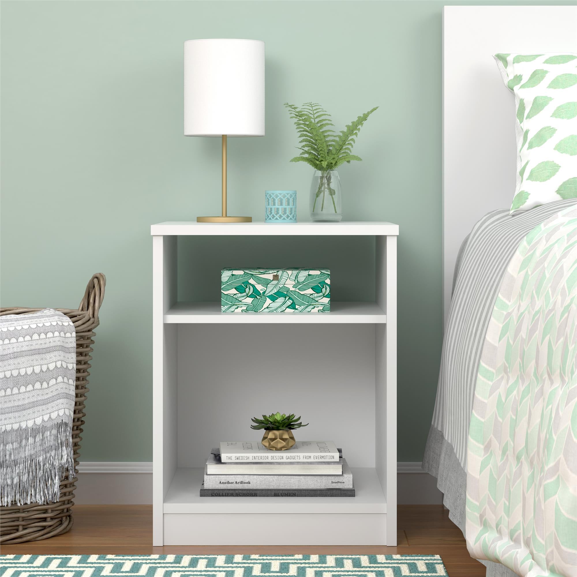 Classic White Nightstand with Open Shelf & Cubby Storage