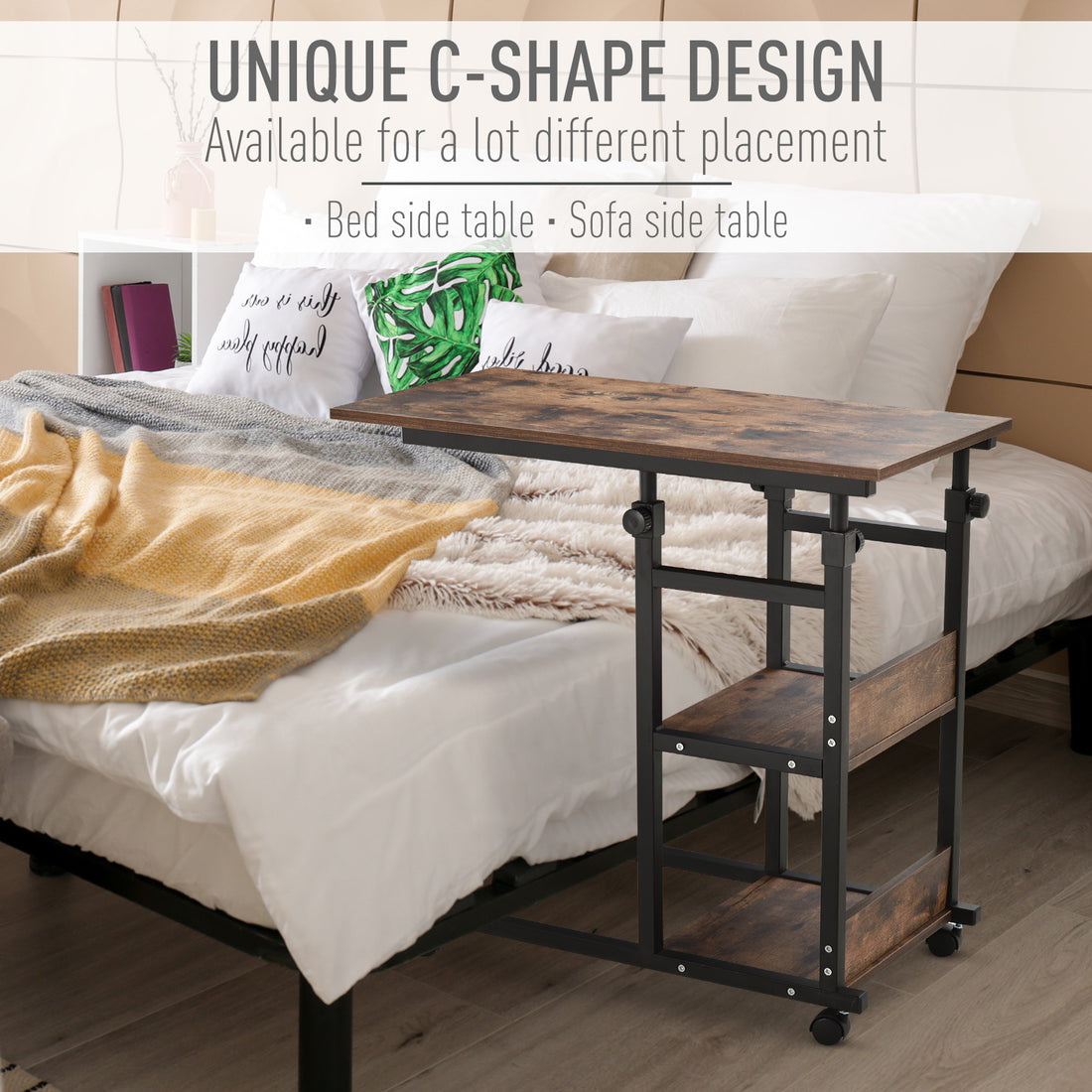 Mobile Nightstand Adjustable 3-Tier C-Shaped Side Table with Casters – Modern Bedside Table – HomelyTimber