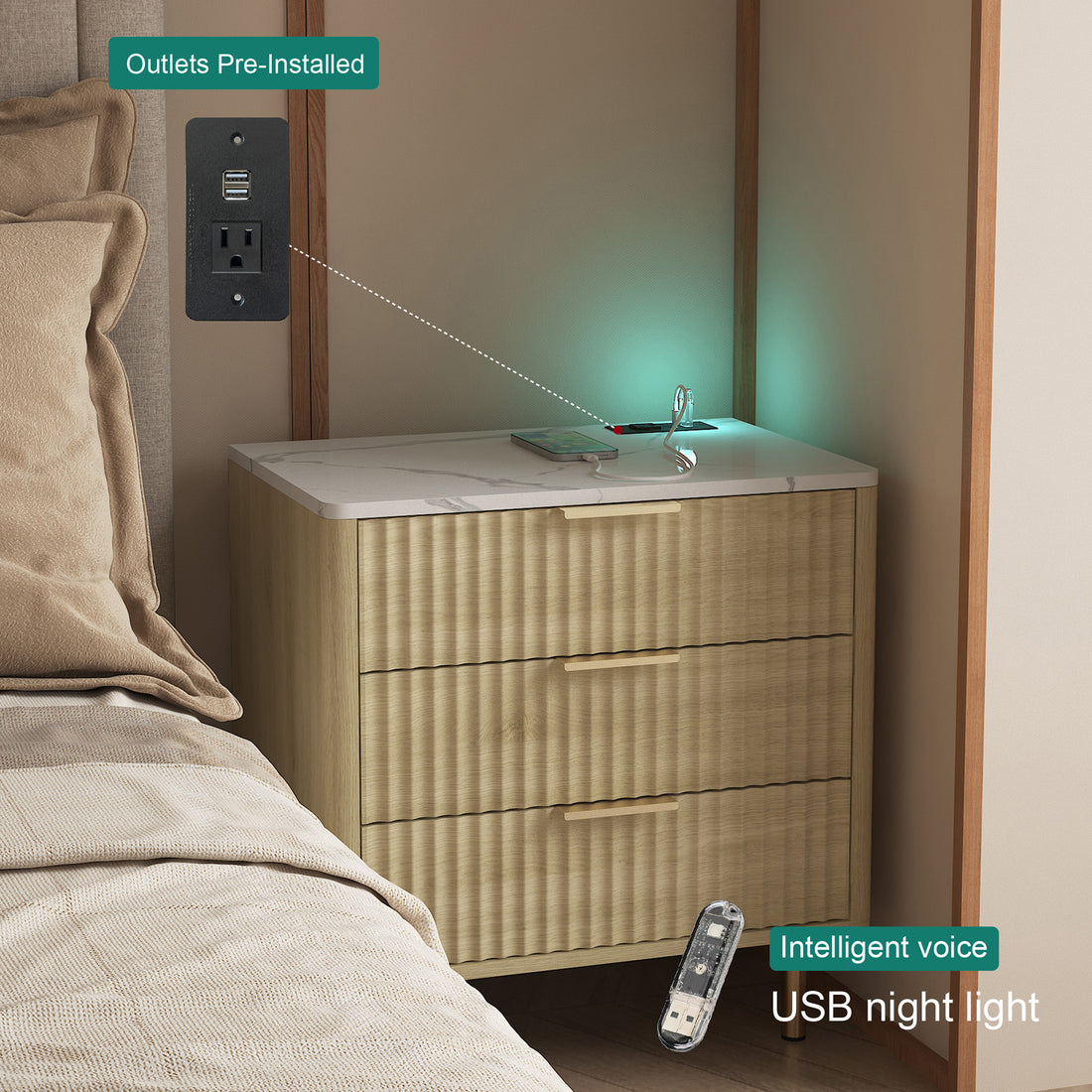 Nightstand with Charging Station & a Night Light - Modern Smart Storage Cabinet for Bedroom
