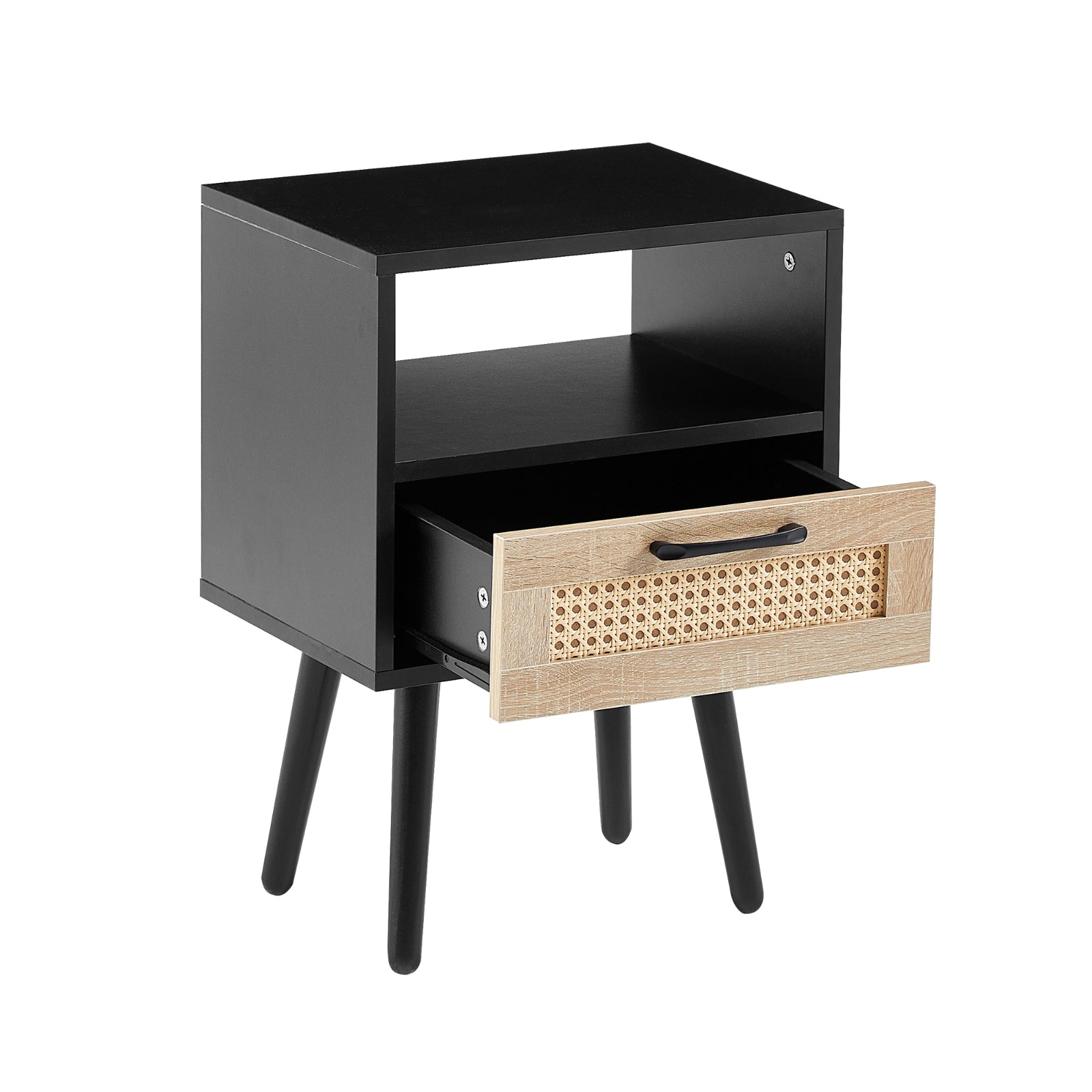 Rattan End Table 15.75" with Drawer & Solid Wood Legs – Modern Nightstand