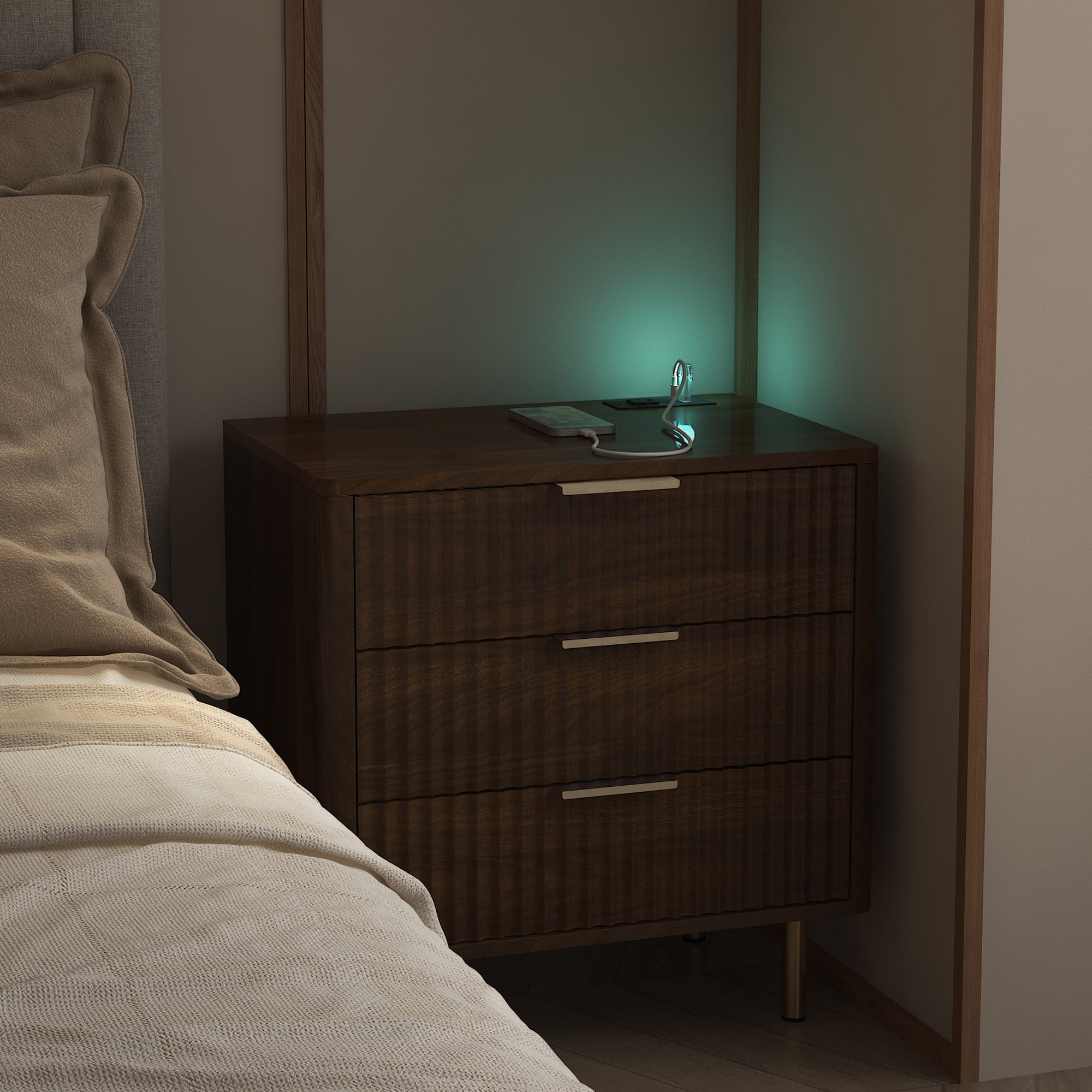Nightstand with Charging Station & Night Light - Modern Smart Storage Cabinet for Bedroom