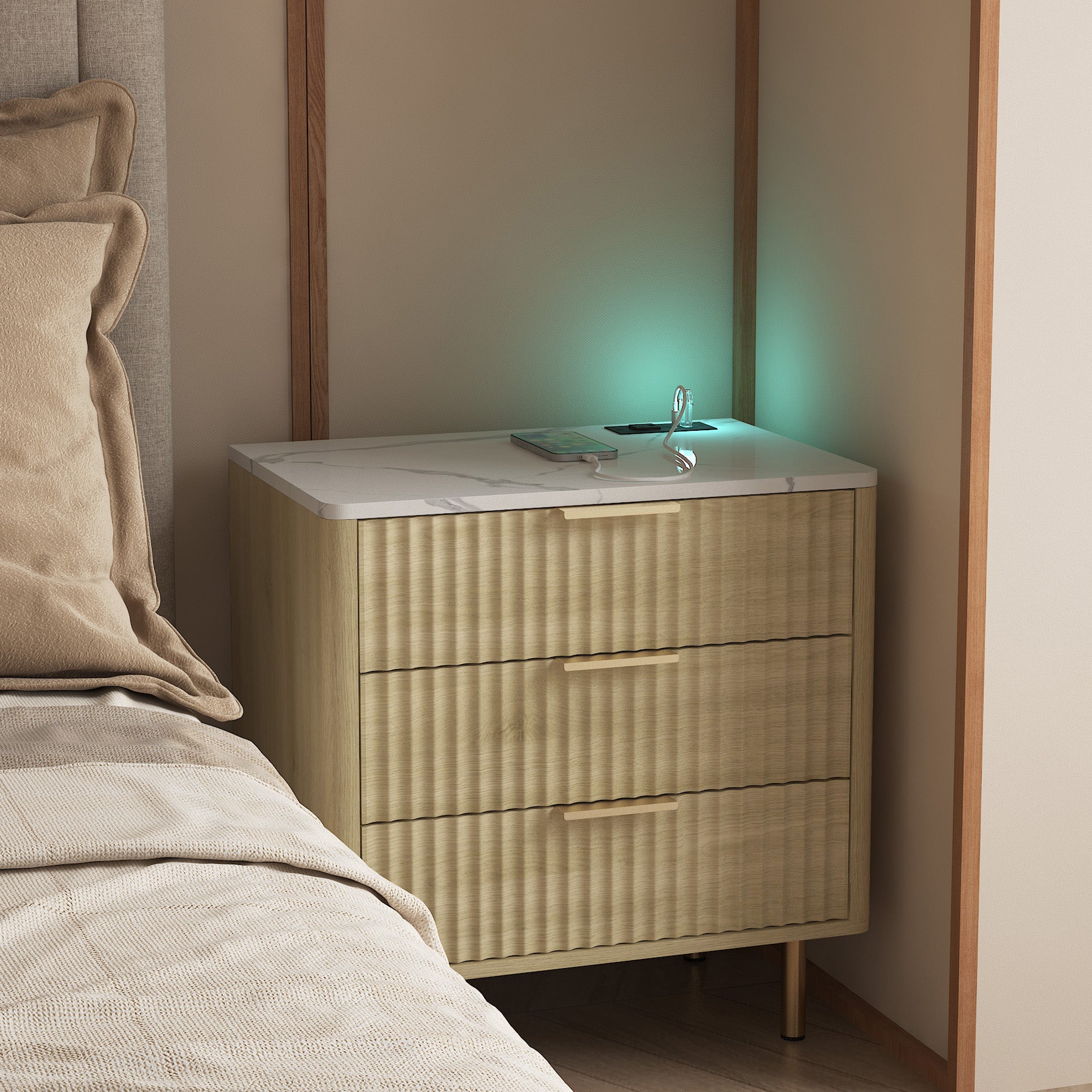 Nightstand with Charging Station & a Night Light - Modern Smart Storage Cabinet for Bedroom